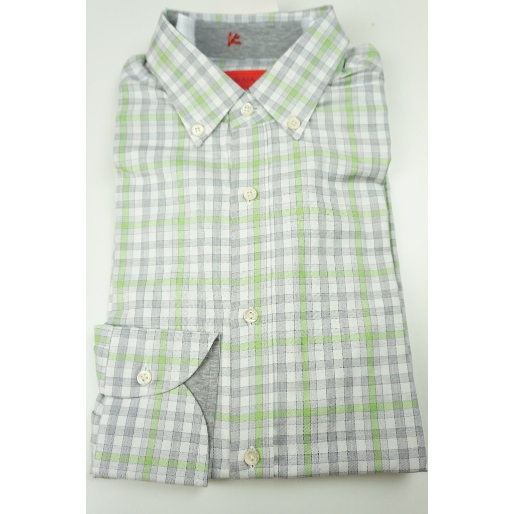 Isaia Napoli Lime Green Steel White Plaid Long Sleeve Cotton Shirt 15.5/39 New